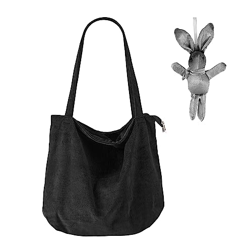 TAFACE 1 Tasche aus schwarzem Samt, mit 1 Hasen-Anhänger, Umhängetasche, Retro, einfache Strandtasche, lässige Einkaufstasche, große Kapazität, Handtasche mit Reißverschluss, Schwarz von TAFACE