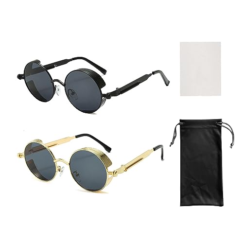 TAFACE 2 x Retro Runde Sonnenbrille 1 x Brillentuch 1 x Brillenaufbewahrungstasche Punk Sonnenbrille Geeignet für Shopping, Party, Autofahren (Schwarz, Gold), Schwarz / Gold von TAFACE