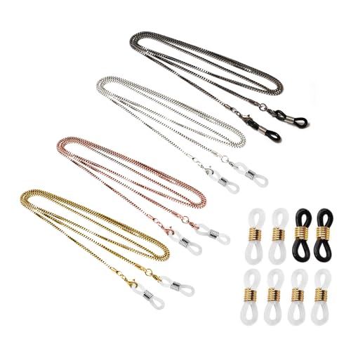 TAFACE 4 stück Retro-Brillenkette mit 4 Paar rutschfesten Schnallen, neutrales Sonnenbrillen-Lanyard, Legierungs-Lesebrillenkette, Gläser Anti-Drop-Kette (schwarz, Gold, Silber, Rosegold) von TAFACE