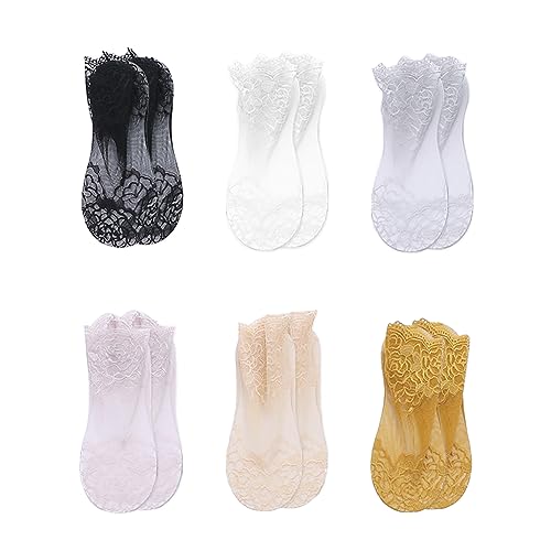 TAFACE 6 Paar Damen Socken, Spitze Knöchelsocken, lässige Socken für Damen, rutschfeste niedrige Socken für Tanzen, Walking, Fitness, Schwarz, Weiß, Rosa, Grau, Hautfarbe, Punktgrün, 32 von TAFACE