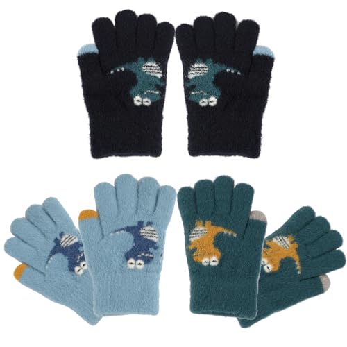 TAGVO 3 Paar Kinderhandschuhe Winter, Fäustlinge aus Nerzimitat Dinosaurier, Kinderhandschuhe Elastische Weiches Strickfutter,Winterhandschuhe,3-8 Jahre alt Jungen Mädchen von TAGVO