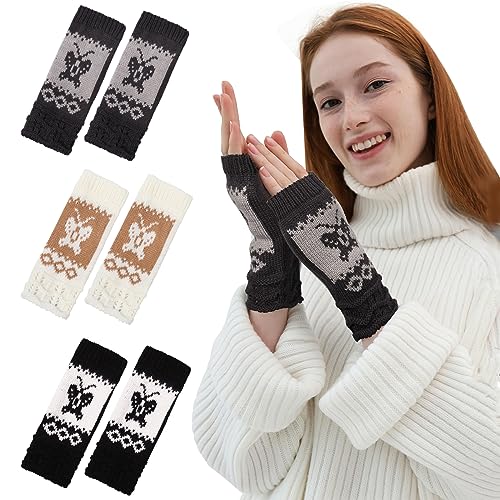 TAGVO 3 Paar Winter Fingerlose Armstulpen, Gestrickte Pulse Stretch Halbfingerhandschuhe, Tastatur handschuh Fingerlose Handwärmer Sporthandschuhe Ausgeschnittene Fine Patterns Frauen Handschuhe von TAGVO