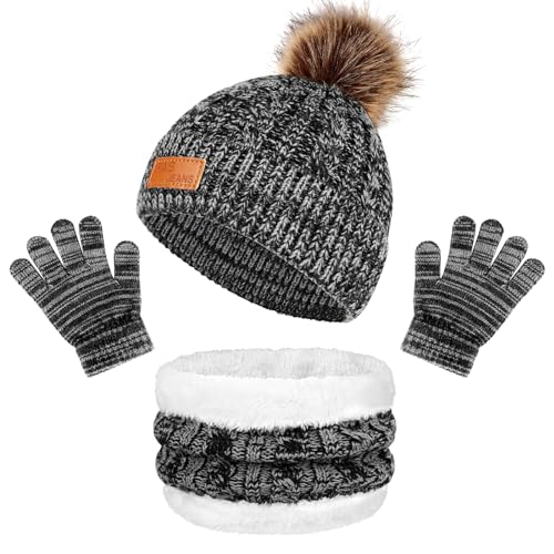 TAGVO 3 in 1 Wintermütze Schal Handschuhe Set für Kinder, mit Verdicken Fleece Gefütterte Thermo, Strickmütze Beanie Schlauchschal Winterhandschuhe Set für 1-5 Jahre Kinder Kleinkinder Jungen Mädchen von TAGVO