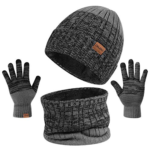 TAGVO 3in1 Winter Beanie Hut, Schal, Handschuhe Set,Ultraweiche elastische Verdickung Vlies Innenfutter Strick Beanie Cap Neck Warmer Warme Strickmützen, Mütze, Schal & Handschuh-Sets für Damen Herren von TAGVO