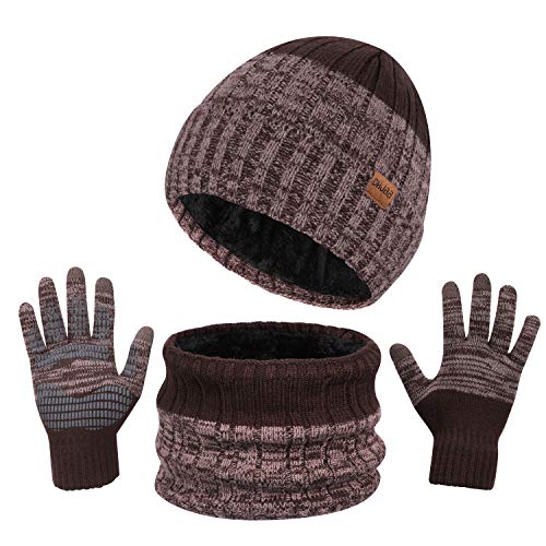 TAGVO 3in1 Winter Beanie Hut, Schal, Handschuhe Set,Ultraweiche elastische Verdickung Vlies Innenfutter Strick Beanie Cap Neck Warmer Warme Strickmützen, Mütze, Schal & Handschuh-Sets für Damen Herren von TAGVO