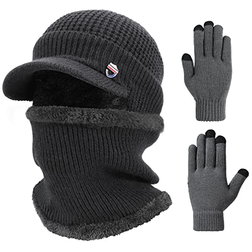 TAGVO 3in1 Winter Beanie Hut Schal Handschuhe Set mit Ohrenwärmer,Fleece Innenfutter Elastische warm gestrickte Beanie Cap Ohrenschützer Halswärmer Touchscreen Handschuhe,Mütze,Schal&Handschuh-Sets von TAGVO