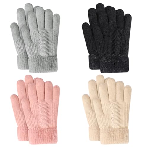 TAGVO 4 Paar Winter Thermo Strick Skihandschuhe für Mädchen, Winter Magische Handschuhe Kinder Sport Fahrradhandschuhe mit Thermo Fleece Futter für Kinder 5-12 Jahre Wintertaugliches Tägliches Tragen von TAGVO