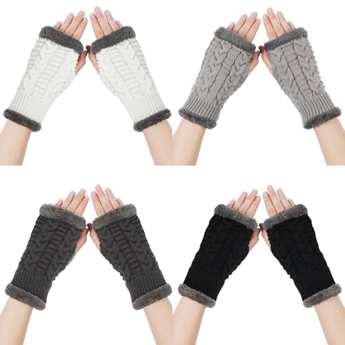 TAGVO 4 Paare Fingerlose Handschuhe Damen, Winter Thermo Laufhandschuhe mit Weiche Schicht Vlies, Winter Fingerlose Armstulpen Stricken Pulswärmer Touchscreen Handschuhe Radsporthandschuhe für Damen von TAGVO