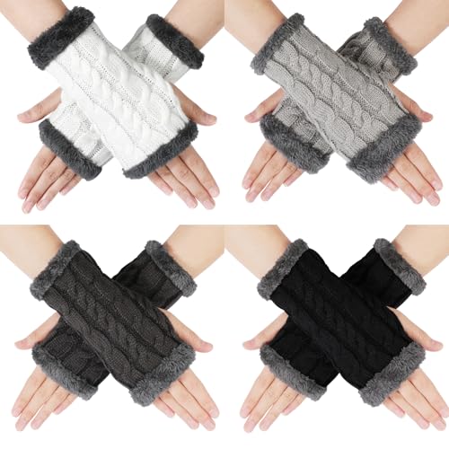 TAGVO 4 Paare Fingerlose Handschuhe Damen, Winter Thermo Laufhandschuhe mit Weiche Schicht Vlies, Winter Fingerlose Armstulpen Stricken Pulswärmer Touchscreen Handschuhe Radsporthandschuhe für Damen von TAGVO