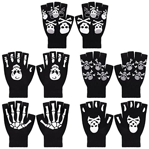 TAGVO 5 Paare Stretch-Fäustlinge Halbfinger-Handschuhe, Halloween Cosplay Skelett Halbfinger Handschuhe, Unisex-Strickhandschuh Teenagerhandschuh Winterhandschuh für Halloween, Täglichen Gebrauch von TAGVO