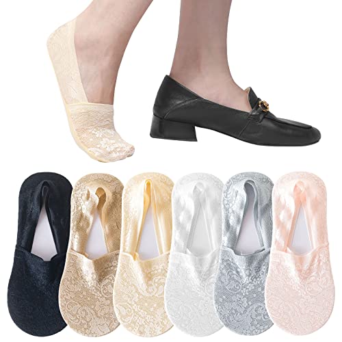 TAGVO 6 Paar Damen Füßlinge Spitze Unsichtbare Socken, Low Cut Liner Unsichtbare Socken mit Rutschfest Silikon, Weiche Atmungsaktive Bootssocken Ballerina Socken für Loafer Sneakers Flats Bootsschuhe von TAGVO