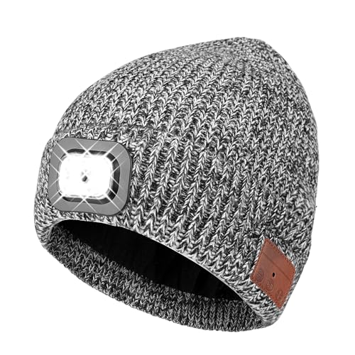 TAGVO Bluetooth Mütze mit LED Licht Beanie Beleuchtete Mütze, Wiederaufladbare USB Laufmütze, Winter Warme Outdoor Strickmütze Stirnlampe Mütze Jogger, Camping, Wandern, Tech Geschenke Herren Damen von TAGVO