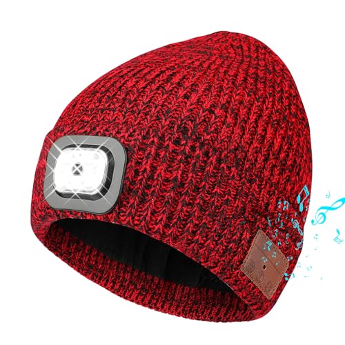 TAGVO Bluetooth Mütze mit LED Licht Beanie Beleuchtete Mütze, Wiederaufladbare USB Laufmütze, Winter Warme Outdoor Strickmütze Stirnlampe Mütze Jogger, Camping, Wandern, Tech Geschenke Herren Damen von TAGVO