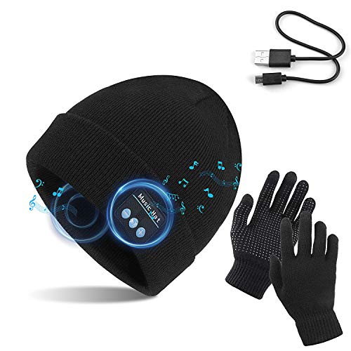 TAGVO Bluetooth V5.0 Beanie mit Touchscreen Handschuhen Set, Winter Verdickung Warm Gestrickte Drahtlose Bluetooth Headset Musikhut Eingebauter Stereolautsprecher und Mikrofon Hut für Laufen Wandern von TAGVO
