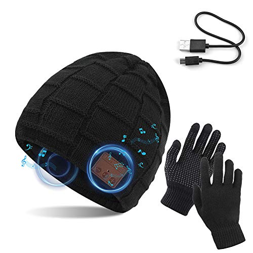 TAGVO Bluetooth V5.0 Beanie mit Touchscreen Handschuhen Set, Winter Verdickung Warm Gestrickte Drahtlose Bluetooth Headset Musikhut Eingebauter Stereolautsprecher und Mikrofon Hut für Laufen Wandern von TAGVO