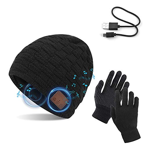 TAGVO Bluetooth V5.0 Beanie mit Touchscreen Handschuhen Set, Winter Verdickung Warm Gestrickte Drahtlose Bluetooth Headset Musikhut Eingebauter Stereolautsprecher und Mikrofon Hut für Laufen Wandern von TAGVO