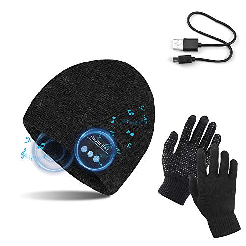 TAGVO Bluetooth V5.0 Beanie mit Touchscreen Handschuhen Set, Winter Warm Gestrickte Drahtlose Bluetooth Headset Musik Hut für Laufen Skifahren Wandern von TAGVO