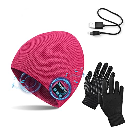 TAGVO Bluetooth V5.0 Beanie mit Touchscreen Handschuhen Set, Winter Warm Gestrickte Drahtlose Bluetooth Headset Musik Hut für Laufen Skifahren Wandern von TAGVO