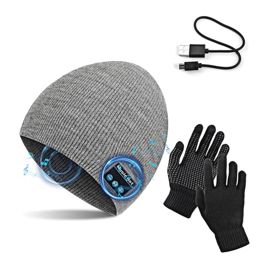 TAGVO Bluetooth V5.0 Beanie mit Touchscreen Handschuhen Set, Winter Warm Gestrickte Drahtlose Bluetooth Headset Musik Hut für Laufen Skifahren Wandern von TAGVO