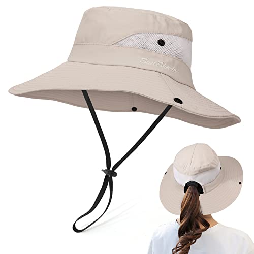 TAGVO Damen Faltbarer Sonnenhut, Sonnenschutzhut Sommerhut UPF 50 + mit Nackenschnur Breite Krempe UV-Schutz Angeln Hut Mesh, Pferdeschwanz Bucket Cap für Damen Herren Strand Wandern von TAGVO