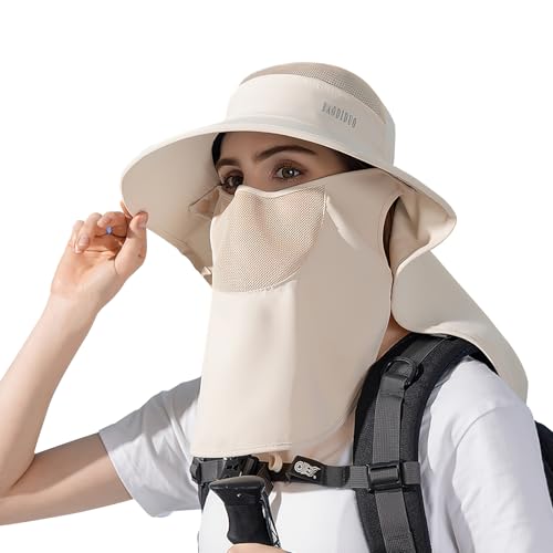 TAGVO Damen Sonnenhut UPF50+ Schutz mit Abnehmbarer Halsklappe Outdoor Fischerhut Wasserdicht Faltbar Mesh Breite Krempe Campinghut Gartenhut Wanderhut Buschhut mit Verstellbare Kinnband Kopfumfang von TAGVO