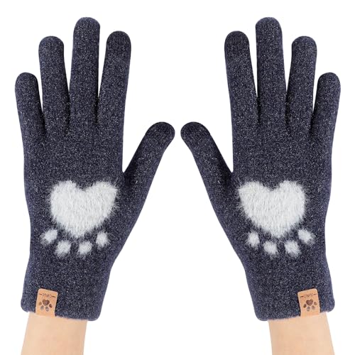 TAGVO Damen Touchscreen Süß Strickhandschuhe, Warme Thermo Dehnbare Winterhandschuhe Winddichte, Kunstpelz Plüsch Katzen Handschuhe mit Elastisch Manschette Blau-lang von TAGVO