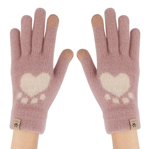 TAGVO Damen Touchscreen Süß Strickhandschuhe, Warme Thermo Dehnbare Winterhandschuhe Winddichte, Kunstpelz Plüsch Katzen Handschuhe mit Elastisch Manschette Braun-lang von TAGVO