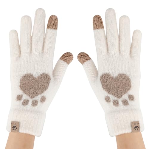 TAGVO Damen Touchscreen Süß Strickhandschuhe, Warme Thermo Dehnbare Winterhandschuhe Winddichte, Kunstpelz Plüsch Katzen Handschuhe mit Elastisch Manschette Weiß-lang von TAGVO