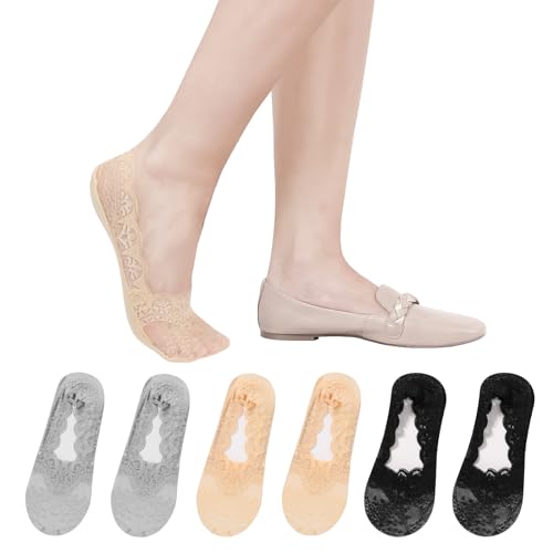 TAGVO Damen Unsichtbare Socken, 6 Paar Rutschfeste ultraweiche Söckchen Damen Füßlinge Spitze Unsichtbare Ballerina Socken mit Rutschfest Silikon für sneakers und loafers Schwarzes Nacktes Grau von TAGVO