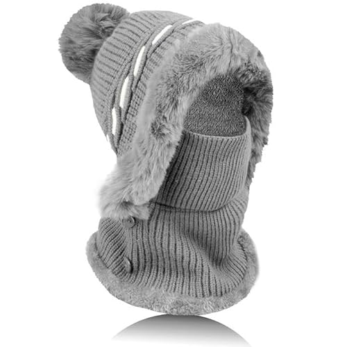 TAGVO Damen Winterschal Strickmütze, Balaclava Winter Schlupfmütze lässige Plüsch Mütze, 2 in 1 Wintermütze Strickmütze, Damen Balaclava Beanie Winddichte, Warme Stricken Mütze mit Fleecefutter von TAGVO