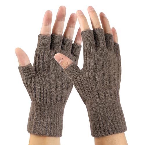 TAGVO Halb Fingerlose Handschuhe mit Elastisch Manschette, Warme Thermo Dehnbare Strickhandschuhe für Herren Damen zum Camping Wandern Laufen Radfahren Fahren Arbeiten Outdoor Braun von TAGVO