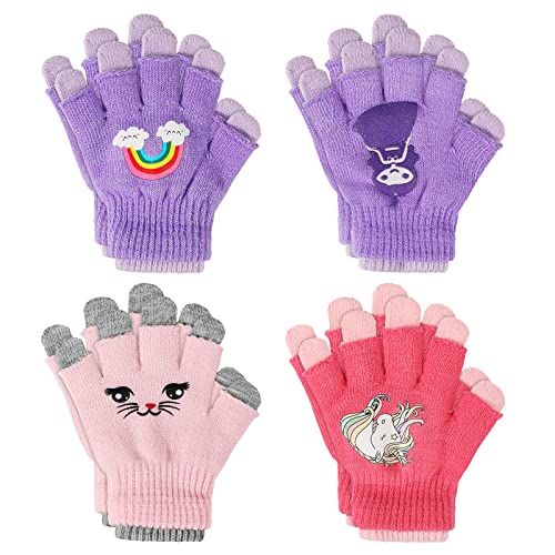 TAGVO Handschuhe Fäustlinge für Mädchen 4 Paare, Vollfinger Stretch Handschuhe, Kinder Handschuhe, Bunte Handschuhe Strick Kinder Winter Warme Strickhandschuhe für Jungen oder Mädchen 5-13 Jahre von TAGVO