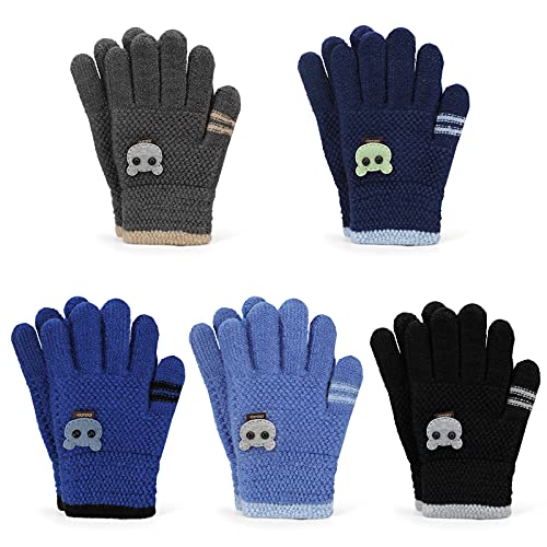 TAGVO Handschuhe & Fäustlinge 5 Paare, Kinder Fingerhandschuhe Kindliches Bärenmuster, Gestrickte Handschuhe Stretch Vollfinger Handschuhe Jungen, Kinderhandschuhe Strickhandschuhe 4-8 Jahre von TAGVO