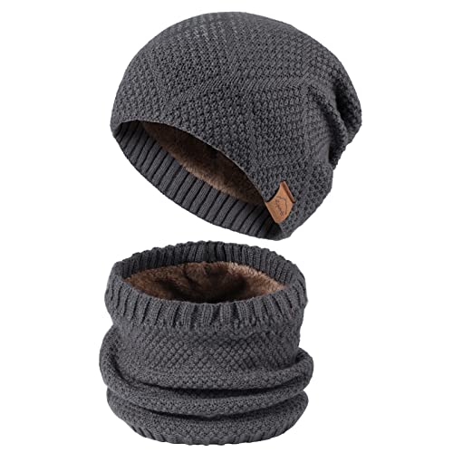 TAGVO Herren Mütze Schal Set Lässige Beanie Strickmütze, Wintermütze Winterset Strick Beanie Wolle Loop Schal mit Dicke Fleecefutter Grau von TAGVO