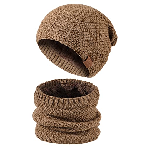 TAGVO Herren Mütze Schal Set Lässige Beanie Strickmütze, Wintermütze Winterset Strick Beanie Wolle Loop Schal mit Dicke Fleecefutter Khaki von TAGVO