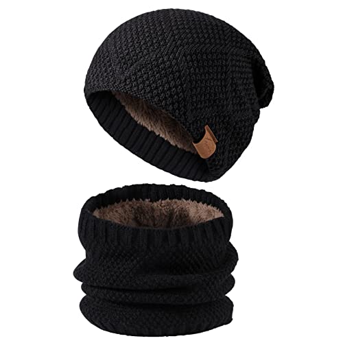 TAGVO Herren Mütze Schal Set Lässige Beanie Strickmütze, Wintermütze Winterset Strick Beanie Wolle Loop Schal mit Dicke Fleecefutter Schwarz von TAGVO