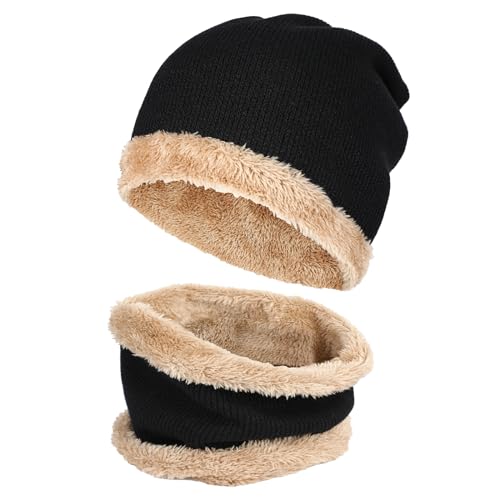 TAGVO Herren Winter Warme Mütze Beanie Schal Set, Thermo Winddicht Strickmütze Loop Schal Set mit Fleecefutter für Outdoor Skifahren Motorrad Laufen Radfahren Schwarz von TAGVO