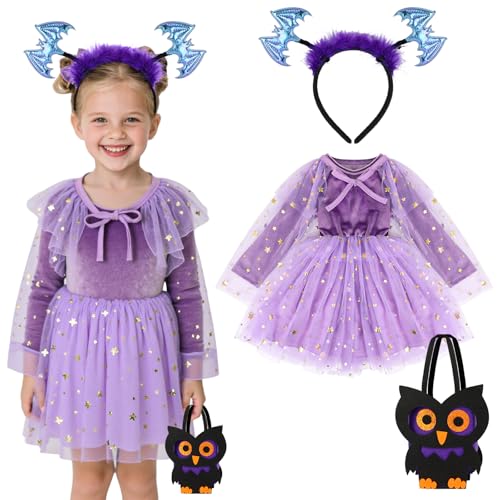 TAGVO Hexe Kinderkostüm Halloween Kostüm Mädchen Prinzessin Kleid Hexe lila Poncho Kapuze Cape Pailletten Tüll Tank Kleider für Kinder Halloween Fancy Dress up für 1-6 Jahre Karneval Maskerade von TAGVO
