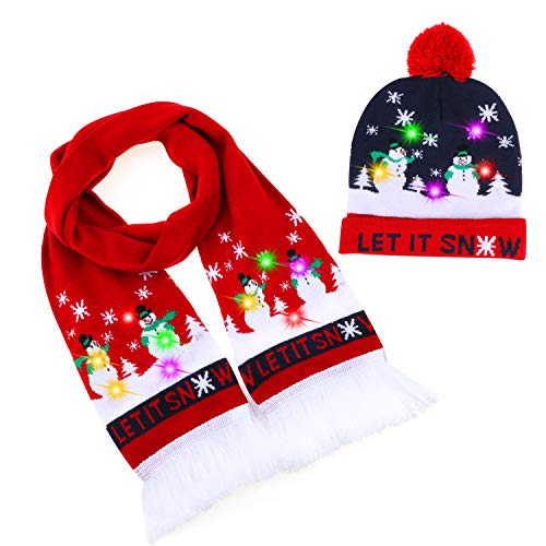 TAGVO Mütze Schal mit Licht LED, 6 Bunte Lichter Gestrickte Weihnachtsmütze und Halswärmer, Elastischer Pullover Hässliche Weihnachtsfeier Mütze Schal Set - Universelle Größe für Männer Frauen von TAGVO
