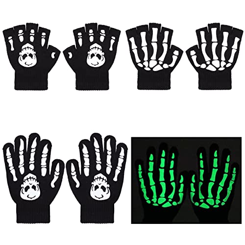 TAGVO Stretch-Fäustlinge Halbfinger-Handschuhe 4 Paare, Halloween Cosplay Skelett Handschuhe Fäustlinge, Kinderhandschuh Winterhandschuh für Halloween, Täglichen Gebrauch von 5-13 Jahre von TAGVO