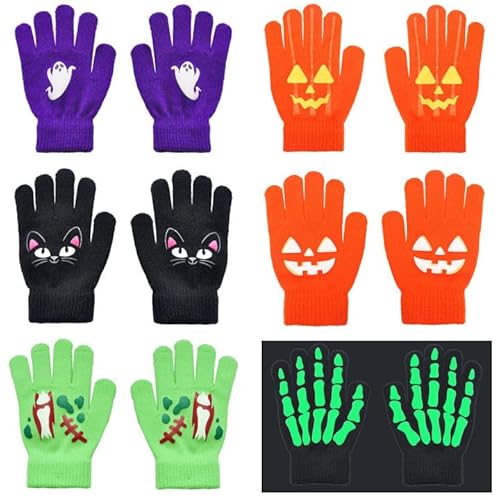 TAGVO Stretch-Fäustlinge Strickhandschuhe 6 Paare, Halloween Cosplay Skelett Leuchtende Fäustlinge, Kinderhandschuh Winterhandschuh für Halloween, Täglichen Gebrauch für 5-13 Jahre alte Kinder von TAGVO