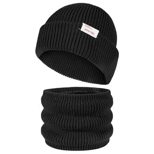 TAGVO Strick Beanie Hut Loop Schal Set, Unisex Warme Gestrickte Dicker Wintermütze Halswärmer Set mit Fleecefutter für Outdoor Sport Joggen Skifahren Schwarz von TAGVO