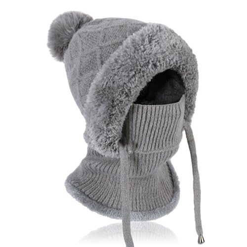 TAGVO Strickmütze Damen Thermo Winter, 3 in 1 Beanie Mütze Warm Strickmütze & Halswärmer Sets, Multifunktional Verstellbar Sturmhaube Gesichtsmaske mit Dickes Fleece gefüttert für Frauen Outdoor von TAGVO