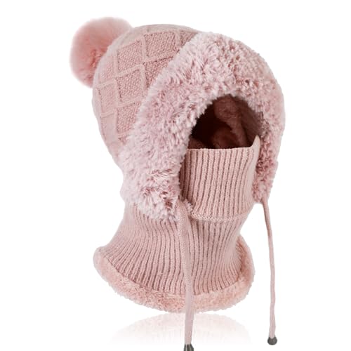 TAGVO Strickmütze Damen Thermo Winter, 3 in 1 Beanie Mütze Warm Strickmütze & Halswärmer Sets, Multifunktional Verstellbar Sturmhaube Gesichtsmaske mit Dickes Fleece gefüttert für Frauen Outdoor von TAGVO