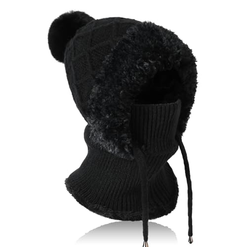 TAGVO Strickmütze Damen Thermo Winter, 3 in 1 Beanie Mütze Warm Strickmütze & Halswärmer Sets, Multifunktional Verstellbar Sturmhaube Gesichtsmaske mit Dickes Fleece gefüttert für Frauen Outdoor von TAGVO