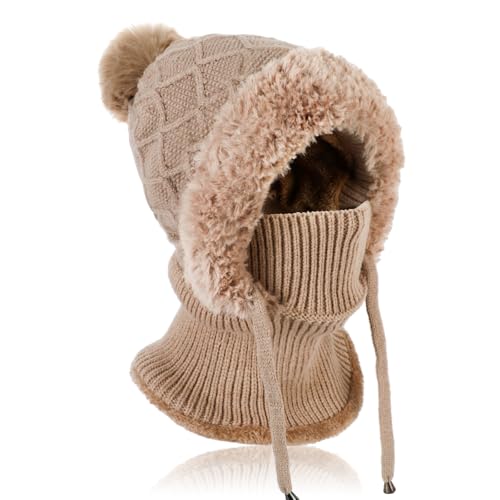 TAGVO Strickmütze Damen Thermo Winter, 3 in 1 Beanie Mütze Warm Strickmütze & Halswärmer Sets, Multifunktional Verstellbar Sturmhaube Gesichtsmaske mit Dickes Fleece gefüttert für Frauen Outdoor von TAGVO