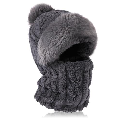 TAGVO Strickmütze Damen Thermo Winter, Flexible Strickmütze mit Haarball, 3 in 1 Warm Strickmütze & Halswärmer Sets, Sturmhaube Gesichtsmaske mit Weichem Fleece Innenfutter für Frauen von TAGVO