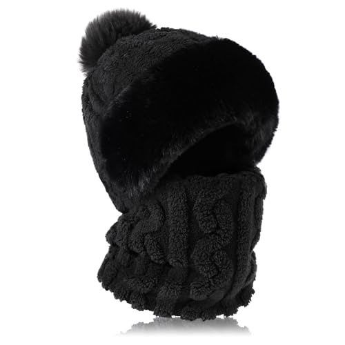 TAGVO Strickmütze Damen Thermo Winter, Flexible Strickmütze mit Haarball, 3 in 1 Warm Strickmütze & Halswärmer Sets, Sturmhaube Gesichtsmaske mit Weichem Fleece Innenfutter für Frauen von TAGVO