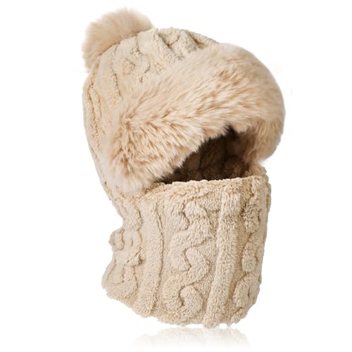 TAGVO Strickmütze Damen Thermo Winter, Flexible Strickmütze mit Haarball, 3 in 1 Warm Strickmütze & Halswärmer Sets, Sturmhaube Gesichtsmaske mit Weichem Fleece Innenfutter für Frauen von TAGVO