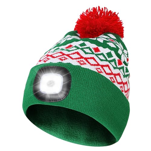 TAGVO Weihnachten Mütze mit Licht, Wiederaufladbare USB Laufmütze Beanie Beleuchtete Mütze mit Licht, Superhelle 8 LED Stirnlampe Winterwarm Strickmütze, Weihnachten Geschenk für Männer Frauen Papa von TAGVO